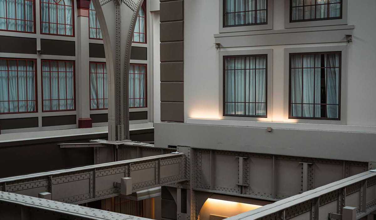 Building exterior with a steel framework.